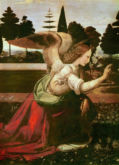 O detalhe da Anunciação do anjo, c.1472-75 óleo sobre madeira de Leonardo da Vinci